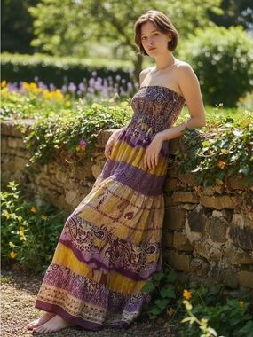 She’s Cool Yellow & Purple Paisley Cotton Maxi Boho Tube Dress - Small